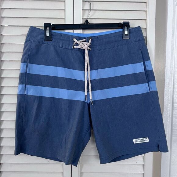 Navy Blue Swim Shorts with Light Blue Stripes - Picture 1 of 8